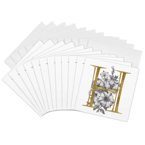 3drose, Elegant Image of Gold Monogram Initial H with Black and White Floral, 12 Greeting Cards with Envelopes