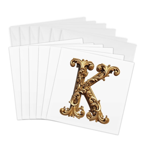 3drose, Elegant Image of Gold Victorian Ornate Monogram Initial K, 6 Greeting Cards with Envelopes