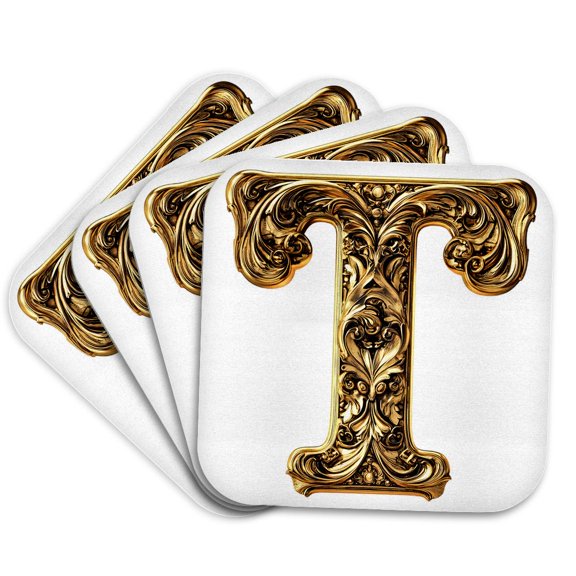 3drose, Elegant Image of Gold Victorian Ornate Monogram Initial T, Set of 4 Coasters - Cork