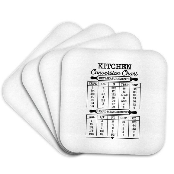 3drose, Elegant Kitchen Conversion Chart with Roller Pins. Dry, Liquid., Set of 4 Coasters - Soft