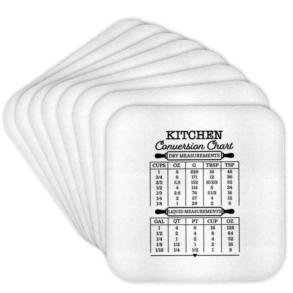 3drose, Elegant Kitchen Conversion Chart with Roller Pins. Dry, Liquid., Set of 8 Coasters - Cork