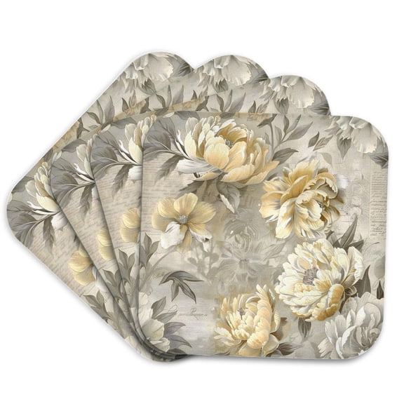 3drose, Elegant Lemon Floral Grunge Collage Pattern, Set of 4 Coasters - Soft
