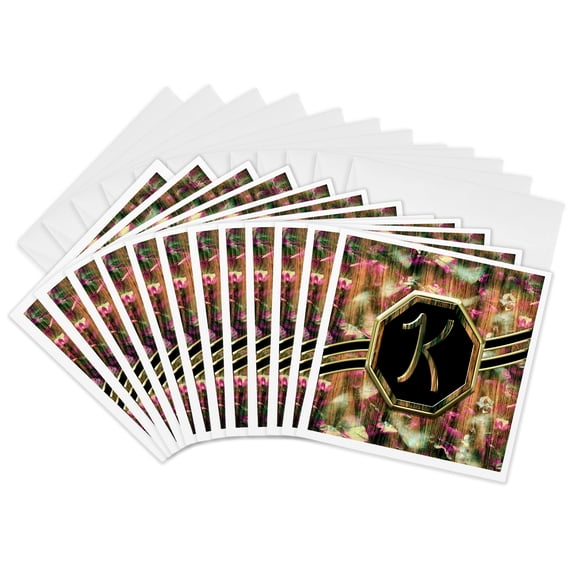 3drose, Elegant Pink Camouflage Monogram Letter K Faux Gold Wood Grain Image, 12 Greeting Cards with Envelopes