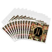 3drose, Elegant Pink Camouflage Monogram Letter N Faux Gold Wood Grain Image, 12 Greeting Cards with Envelopes