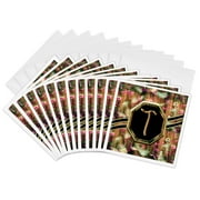3drose, Elegant Pink Camouflage Monogram Letter T Faux Gold Wood Grain Image, 12 Greeting Cards with Envelopes