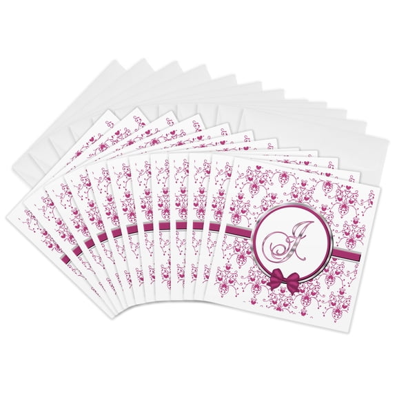3drose, Elegant Pink and Silver Heart Damask Monogram Letter J, 12 Greeting Cards with Envelopes