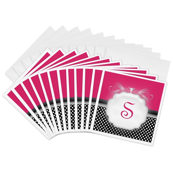 3drose, Elegant Pink with Black and White Polka Dot Monogram Letter S, 12 Greeting Cards with Envelopes