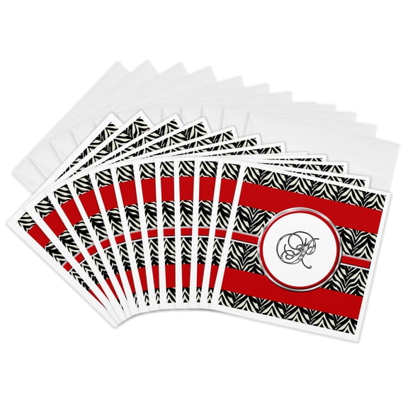 3drose, Elegant Red Black Zebra Animal Print Monogram Letter P, 12 Greeting Cards with Envelopes