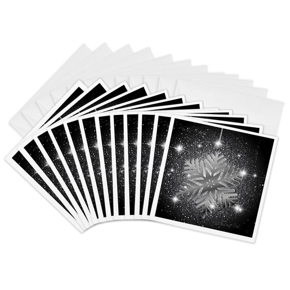 3drose, Elegant Silver Snowflake on Black Background Winter Greetings, 12 Greeting Cards with Envelopes