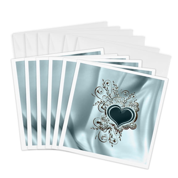 3drose, Elegant Teal Green Heart, Teal Satin Look, 6 Greeting Cards with Envelopes