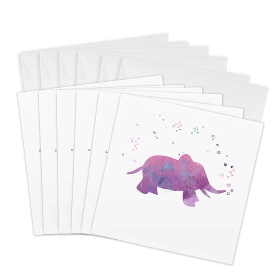 3drose, Elephant Animal Africa Heart Hearts Illustration Pink Watercolor, 6 Greeting Cards with Envelopes