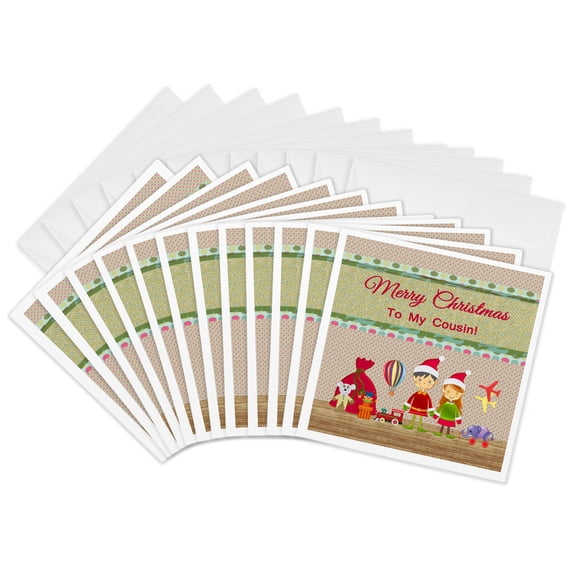 3drose, Elf Boy and Girl, Santa Workshop with Toys, Merry Christmas to Cousin, 12 Greeting Cards with Envelopes