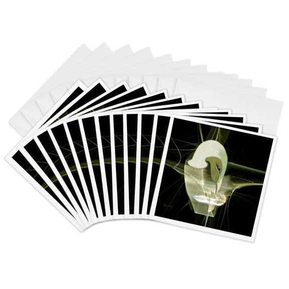 3drose, Emerging Swan - Fractal Bird Art - Black Background, 12 Greeting Cards with Envelopes