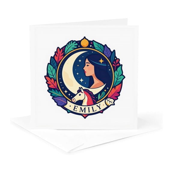 3drose, Emily Female Name, Moon, Woman, Horse Head. Cool Art Gift for a Woman, 1 Greeting Card with Envelope