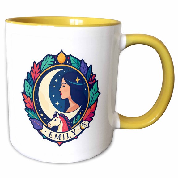 3drose, Emily Female Name, Moon, Woman, Horse Head. Cool Art Gift for a Woman, 11oz Two-tone Yellow Mug