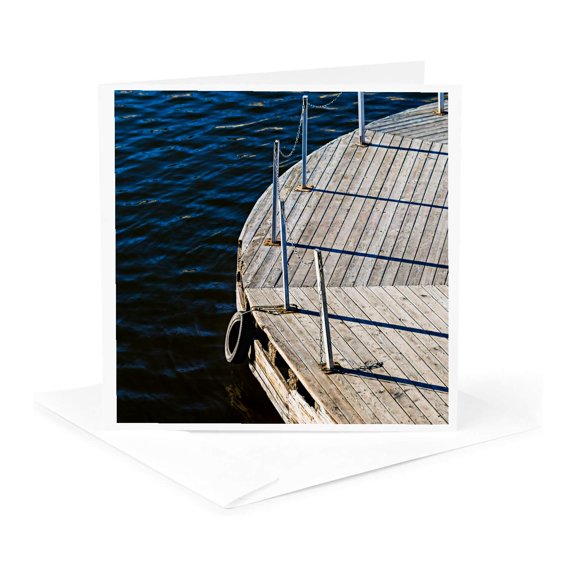 3drose, Empty Riverside Wooden Pier, Dark Water, 1 Greeting Card with Envelope