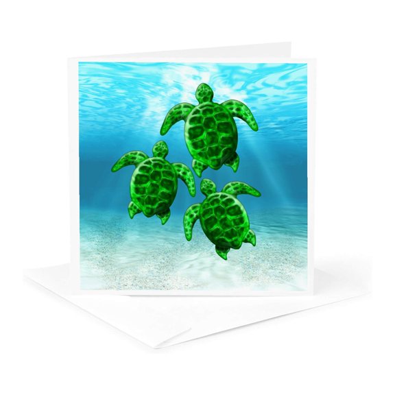 3drose, Endangered Green Sea Turtle Underwater Digital Artwork., 1 Greeting Card with Envelope