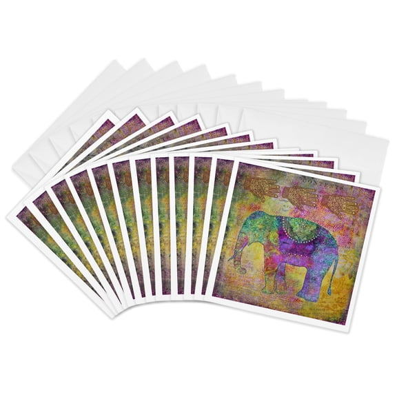 3drose, Ethnic Inspired Elephant Art in Green Yellow and Purple, 12 Greeting Cards with Envelopes