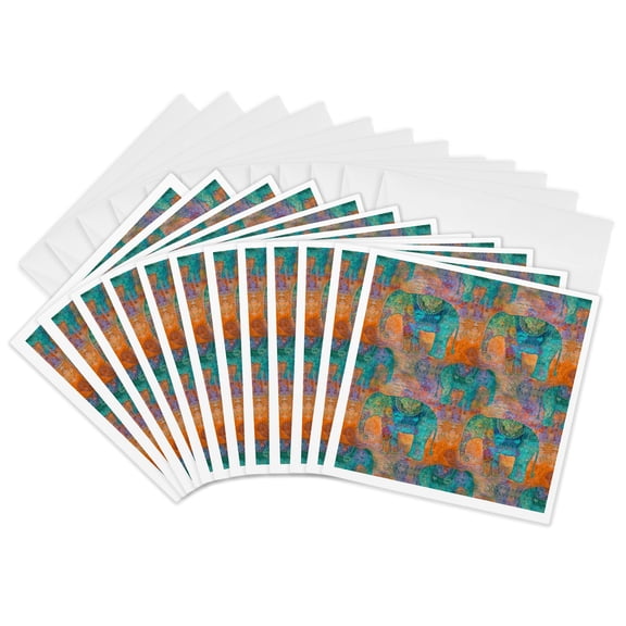 3drose, Ethnic Inspired Elephant Pattern in Orange and Turquoise, 12 Greeting Cards with Envelopes