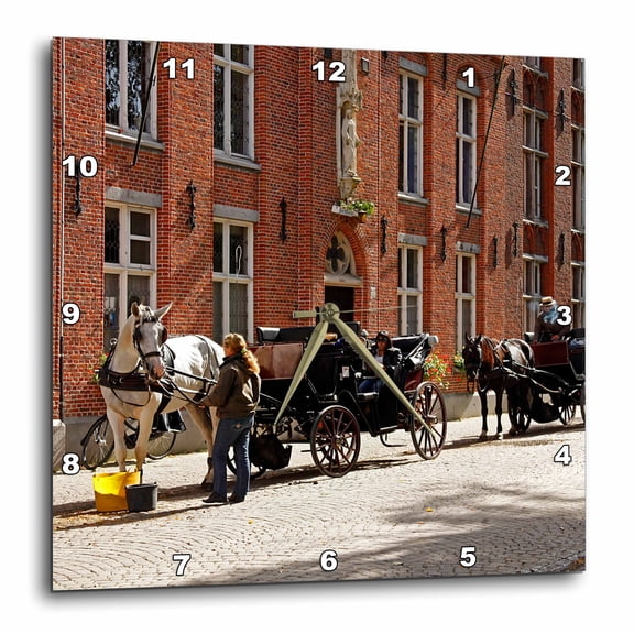 3drose, Europe, Belgium, Bruges. Horse-drawn Carriage - Eu04 Kwi0016 - Kymri Wilt, 13x13 Wall Clock
