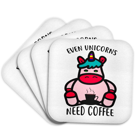 3drose, Even Unicorns Need Coffee, Cute Unicorn, Typography, 3drsmm, Set of 4 Coasters - Soft
