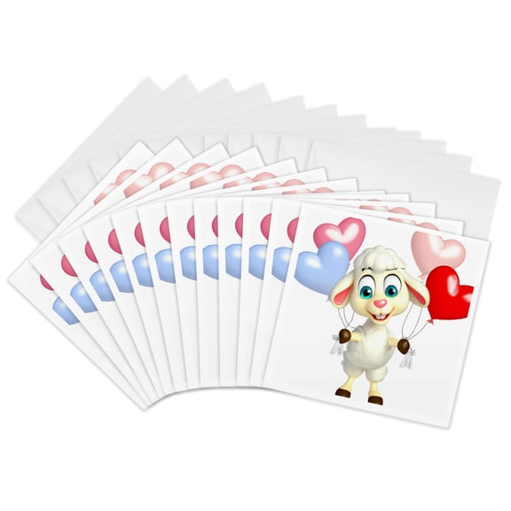 3drose, Ewe Lamb Holding Heart Shaped Balloons, 12 Greeting Cards with Envelopes