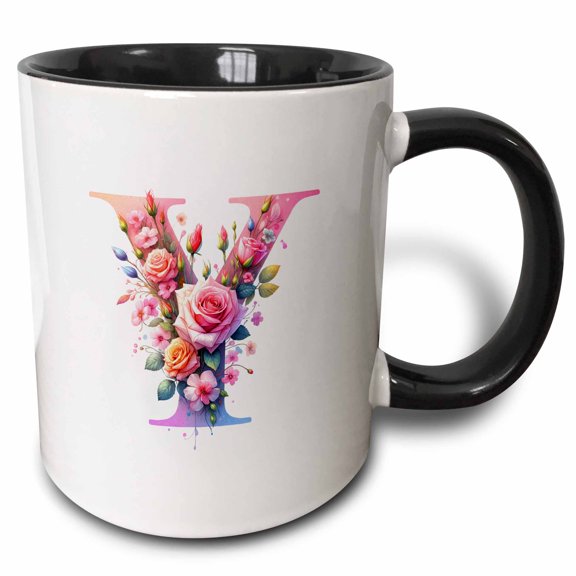 3drose, Exceptional Letter Y. Floral Monogram, Decorated with Rose Flowers, 11oz Two-tone Black Mug