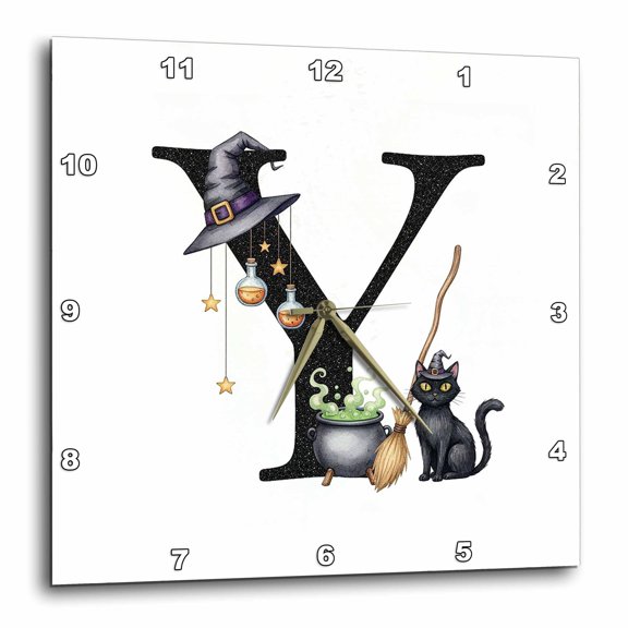 3drose, Exceptional Letter Y. Halloween Monogram, Broom, Wizard Hat, Cat, 10x10 Wall Clock