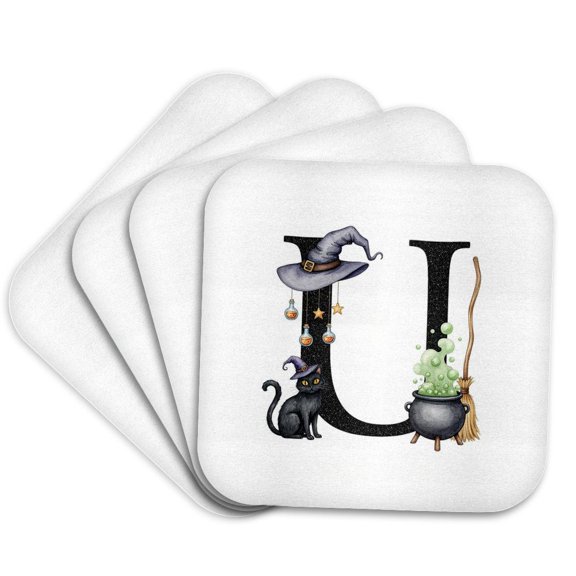 3drose, Exquisite Letter U. Halloween Monogram, Broom, Wizard Hat, Cat Art, Set of 4 Coasters - Soft