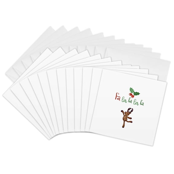 3drose, Fa La La La La, Dancing Reindeer, Holly Berry, Red, Green, and Brown, 12 Greeting Cards with Envelopes