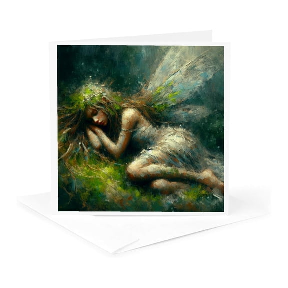3drose, Fairy Asleep on a Mossy Forest Floor, 1 Greeting Card with Envelope