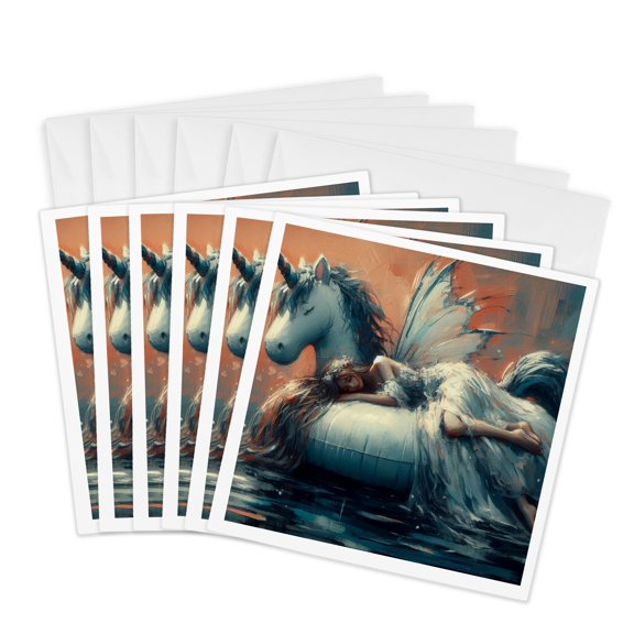 3drose, Fairy Asleep on an Inflatable Unicorn Pool Float, 6 Greeting Cards with Envelopes