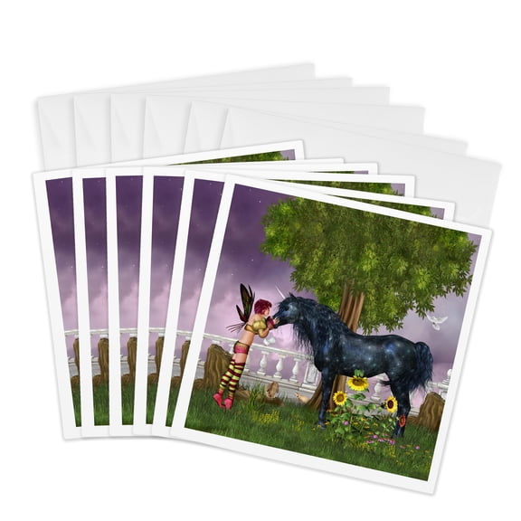 3drose, Fairy Found Last Black Unicorn with Many Forest Animals, 6 Greeting Cards with Envelopes