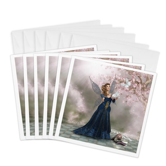 3drose, Fairy Hold a Butterfly in Her Hand on a Fantasy Landscape, 6 Greeting Cards with Envelopes