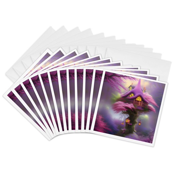 3drose, Fairy Treehouse in the Blooming Redbud Tree, 12 Greeting Cards with Envelopes