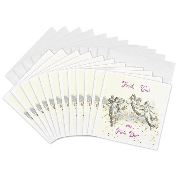 3drose, Faith Trust and Pixie Dust - Cute Fairy Art Quote Fairies Matte Print, 12 Greeting Cards with Envelopes