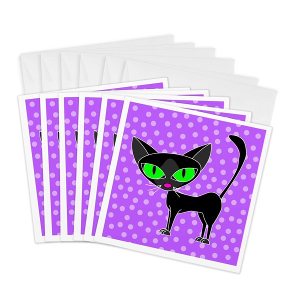 3drose, Fancy Feline Black Cat Design in Purple, 6 Greeting Cards with Envelopes