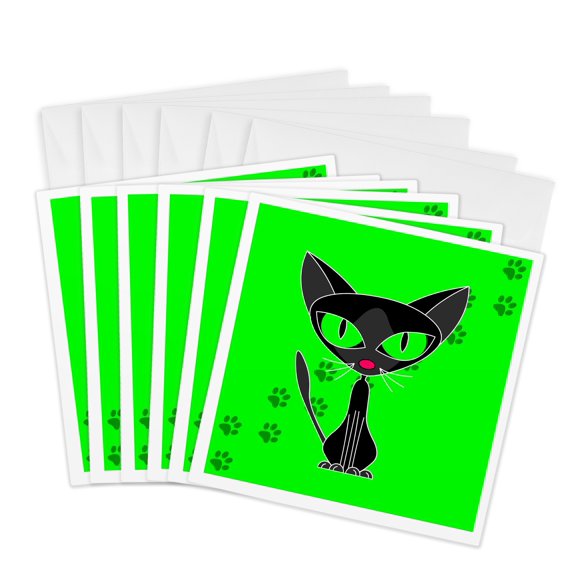 3drose, Fancy Feline Black Cat Design on Green Background, 6 Greeting Cards with Envelopes