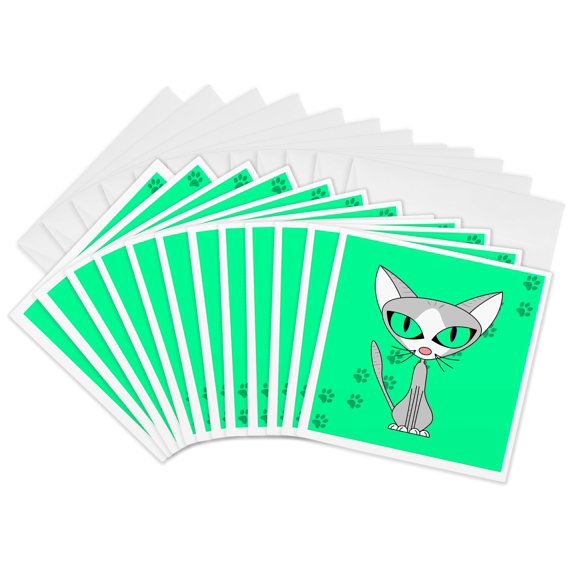 3drose, Fancy Feline Grey Cat Design Light Green, 12 Greeting Cards with Envelopes