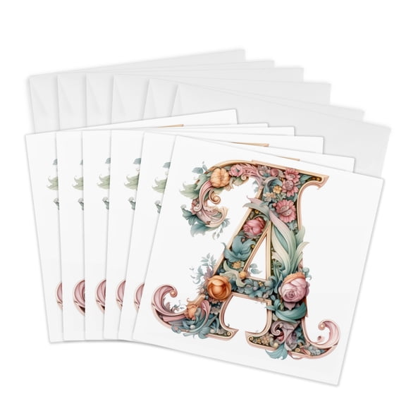 3drose, Fancy Floral Flourish Monogram Initial A, 6 Greeting Cards with Envelopes