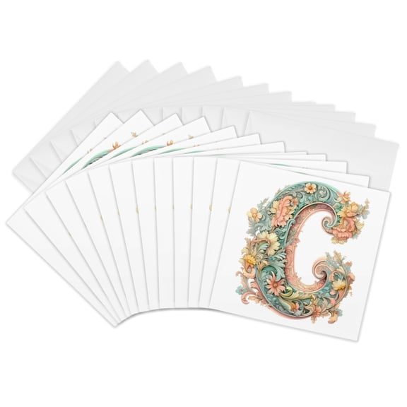 3drose, Fancy Floral Flourish Monogram Initial C, 12 Greeting Cards with Envelopes