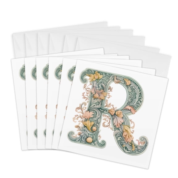3drose, Fancy Floral Flourish Monogram Initial R, 6 Greeting Cards with Envelopes