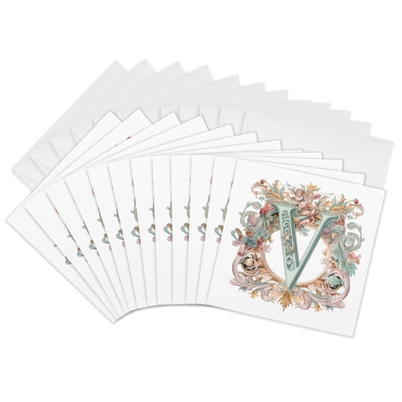 3drose, Fancy Floral Flourish Monogram Initial V, 12 Greeting Cards with Envelopes