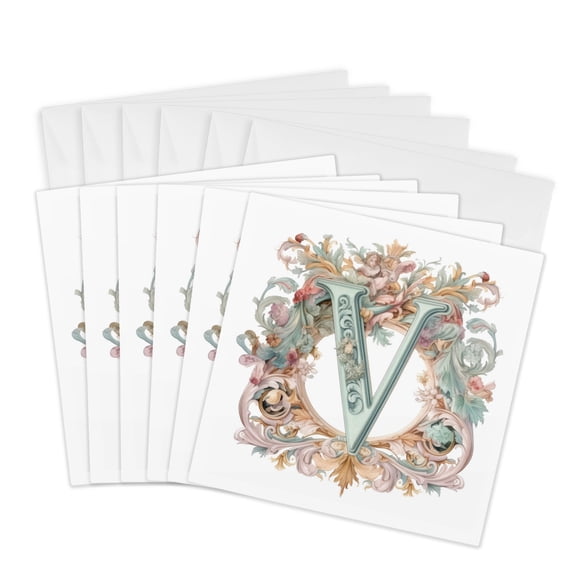 3drose, Fancy Floral Flourish Monogram Initial V, 6 Greeting Cards with Envelopes