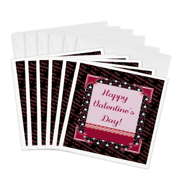 3drose, Fancy Frame, Heart, Flowers, Happy Valentines Day Pink, Black, and Red, 6 Greeting Cards with Envelopes