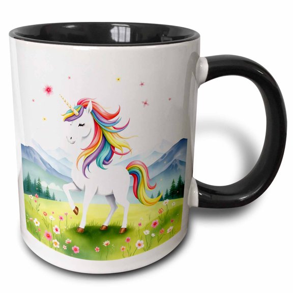 3drose, Fantastic Colorful Unicorn on a Meadow. Follow Your Dreams Art Gift, 11oz Two-tone Black Mug