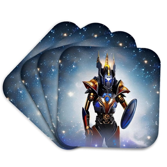 3drose, Fantasy Alien Robot with a Shield in His Left Arm. Digital Art Gift, Set of 4 Coasters - Cork