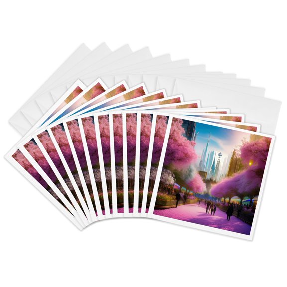 3drose, Fantasy City in Spring. Pink Trees, People, Buildings, Happiness Art, 12 Greeting Cards with Envelopes
