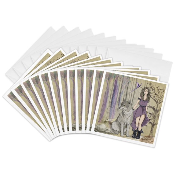 3drose, Fantasy Elf with Wolf Wolves Moon, 12 Greeting Cards with Envelopes