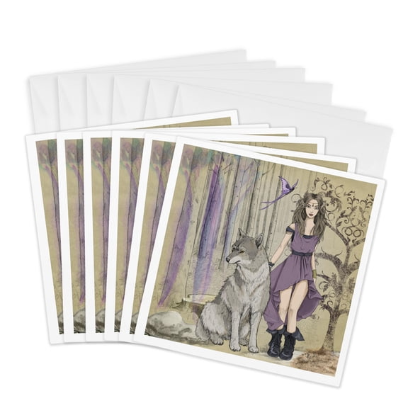 3drose, Fantasy Elf with Wolf Wolves Moon, 6 Greeting Cards with Envelopes